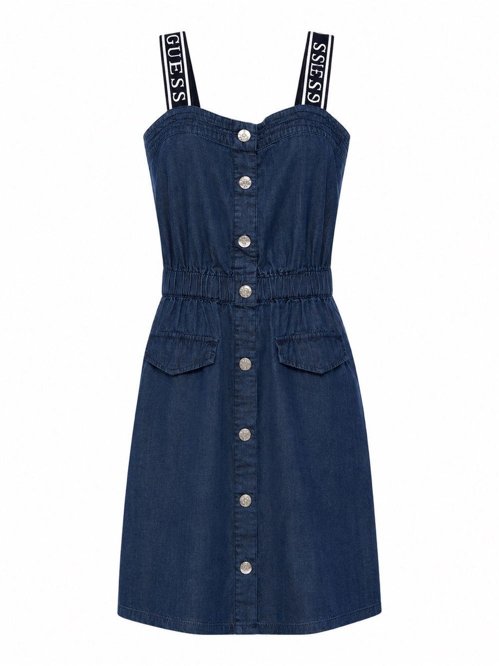 Guess Navy Denim Button-Front Midi Dress with Branded Straps